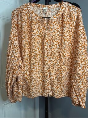 Floral Button-Front Blouse in Mustard and White